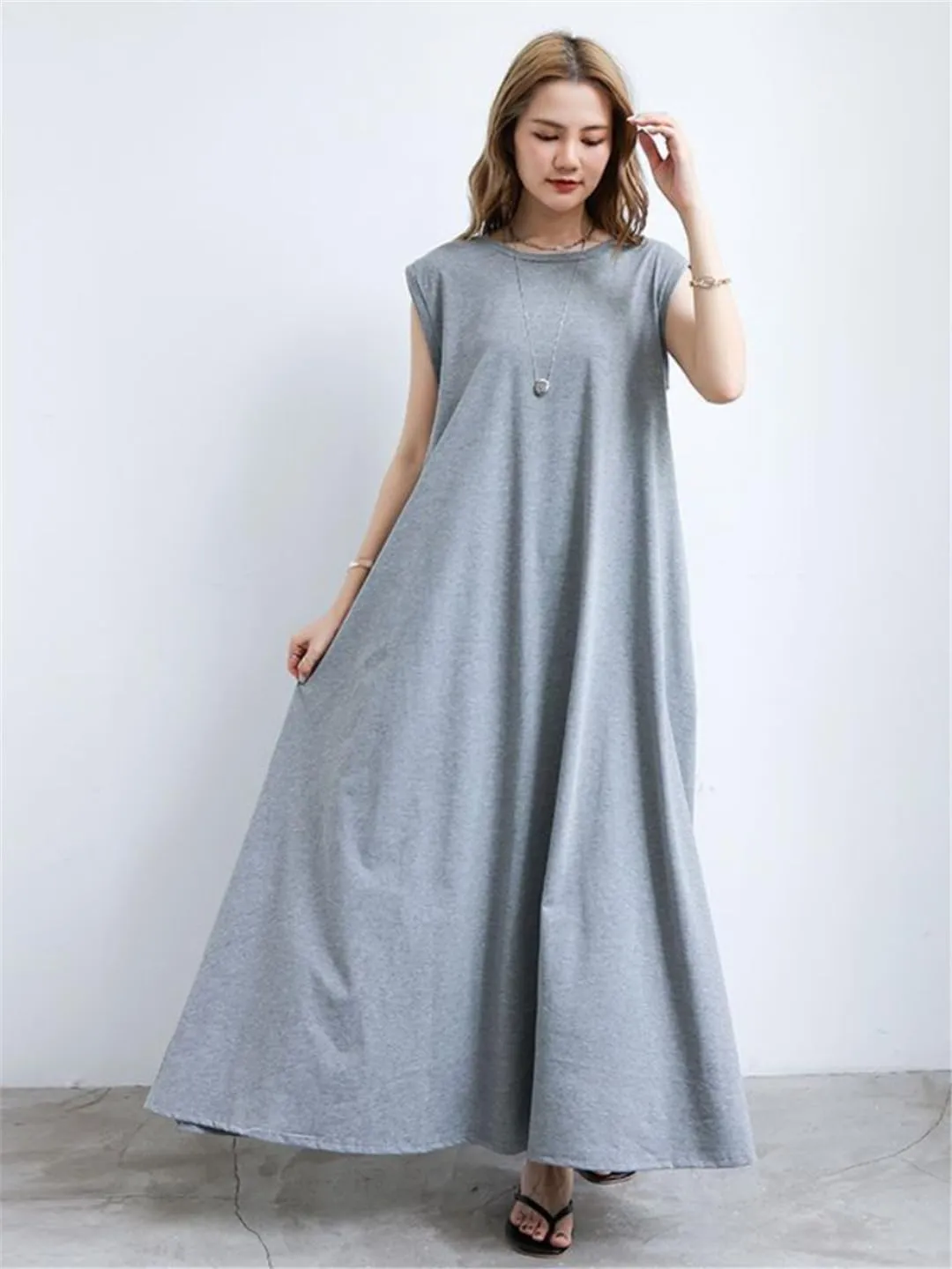 Women Black Korean Over-The-Knee Dress Short Sleeve Loose Plus Size Long Skirt Bring Pockets
