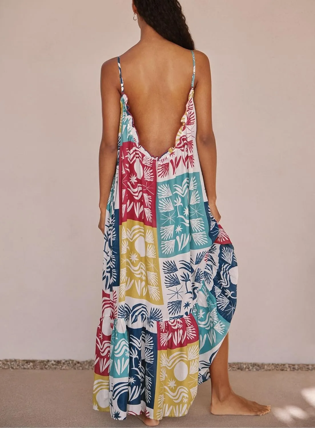 Women Boho Cami Long Dress Graphic Spaghetti Strap Flowy Maxi Dress Summer A Line Beach Vacation Sundress