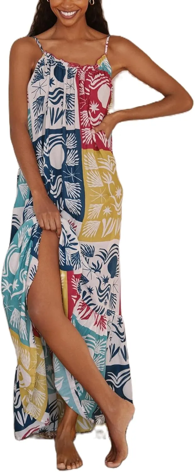 Women Boho Cami Long Dress Graphic Spaghetti Strap Flowy Maxi Dress Summer A Line Beach Vacation Sundress