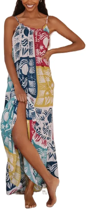 Women Boho Cami Long Dress Graphic Spaghetti Strap Flowy Maxi Dress Summer A Line Beach Vacation Sundress