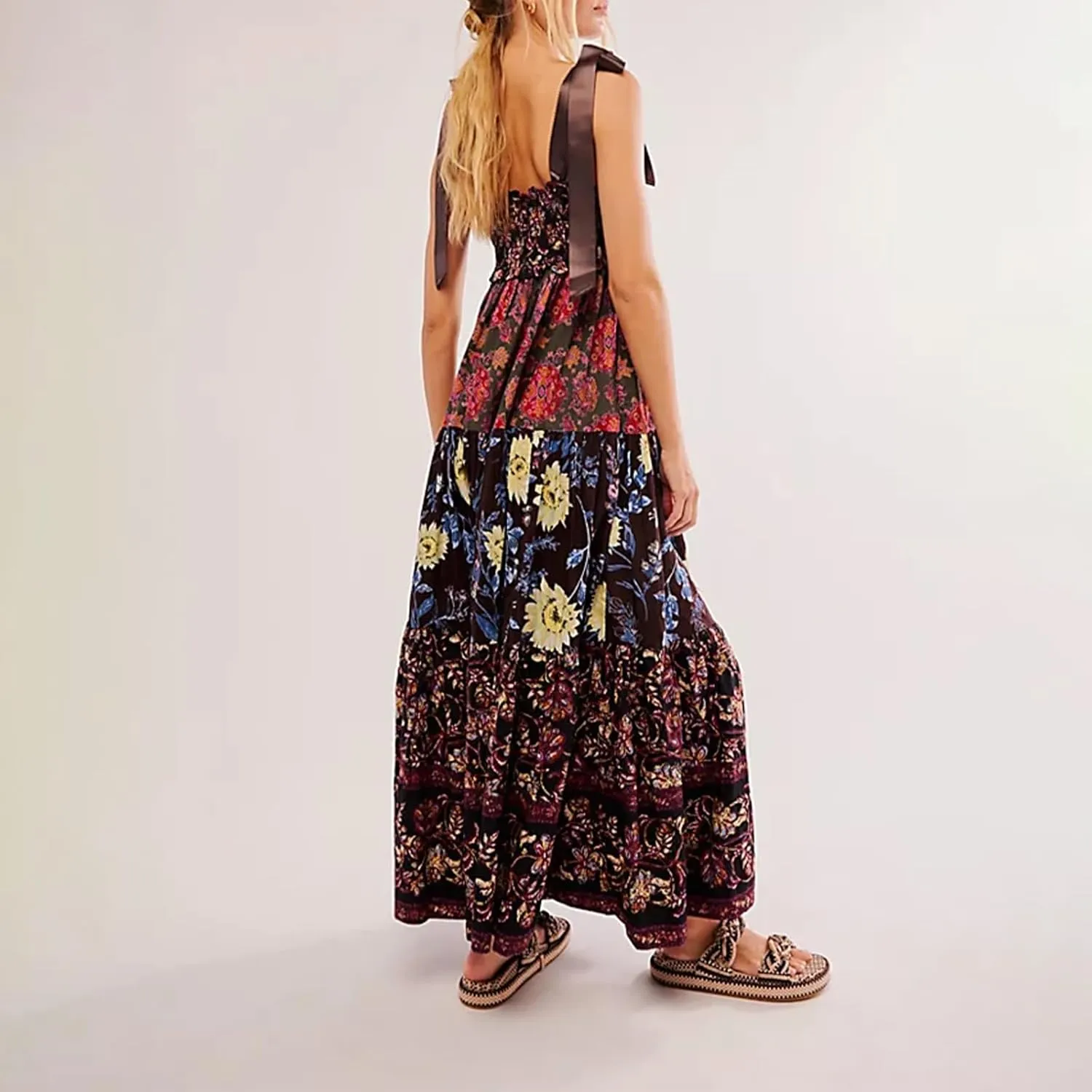 Women Boho Floral Tie Shoulder Maxi Dress Y2k Sleeveless Smocked Long Dress Square Neck Flowy Tiered Sundress Beach