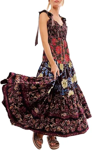 Women Boho Floral Tie Shoulder Maxi Dress Y2k Sleeveless Smocked Long Dress Square Neck Flowy Tiered Sundress Beach