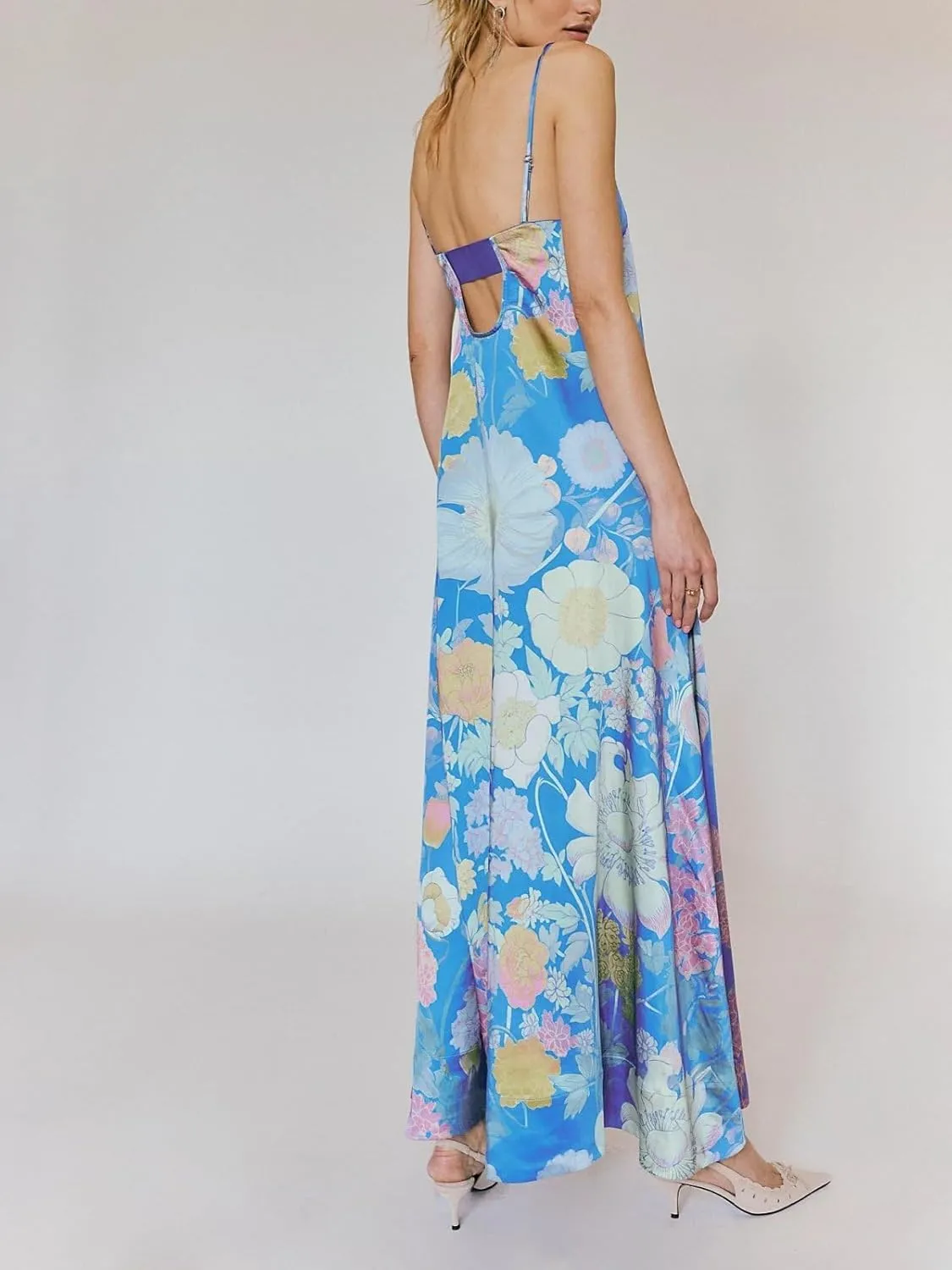 Women Boho Maxi Cami Dress Spaghetti Strap Backless Long Dress Floral Graphic A-line Sundress Summer Beach Dresses