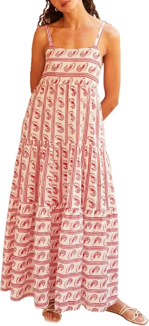 Women Boho Tie Shoulder Maxi Dress Y2k Floral Print Spaghetti Strap Maxi Dress Summer Flowy Beach Sundress