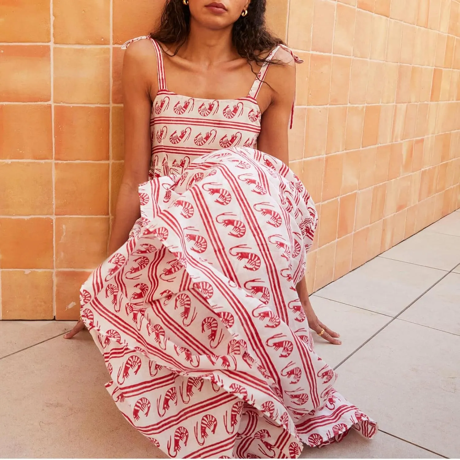 Women Boho Tie Shoulder Maxi Dress Y2k Floral Print Spaghetti Strap Maxi Dress Summer Flowy Beach Sundress