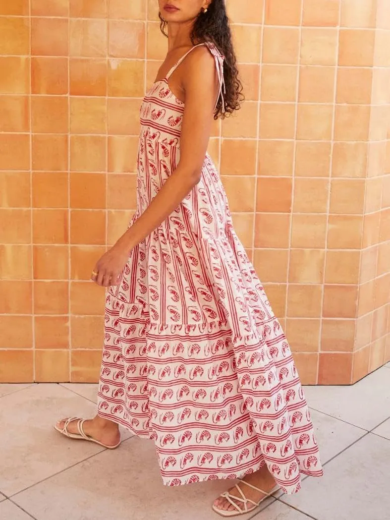 Women Boho Tie Shoulder Maxi Dress Y2k Floral Print Spaghetti Strap Maxi Dress Summer Flowy Beach Sundress