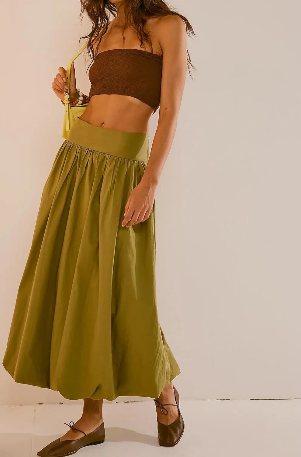 Women Bubble Maxi Skirt Casual Elastic Low Waist Flowy A Line Long Skirt Summer Ruffle Balloon Y2K Skirt