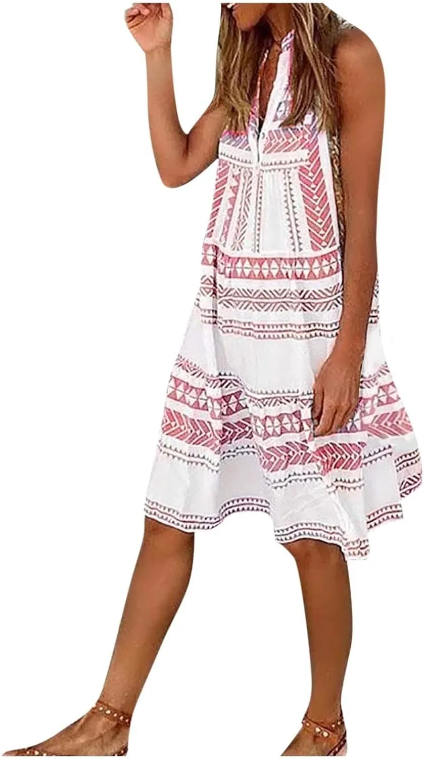 Women Casual Spring Summer Dresses V Neck Sleeveless Ruffle Floral Flowy Boho Babydoll Mini Short Beach Dress Red