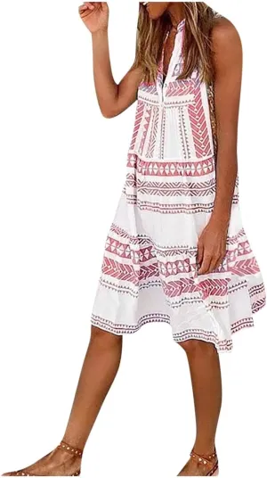 Women Casual Spring Summer Dresses V Neck Sleeveless Ruffle Floral Flowy Boho Babydoll Mini Short Beach Dress Red