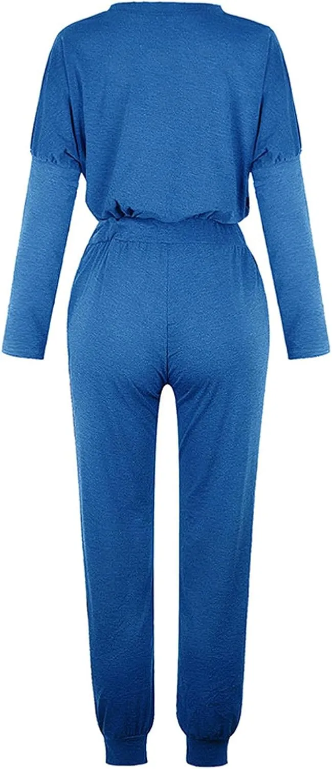 Women Casual Tracksuit Set Solid Crewneck Long Sleeve Sweatshirt High Waist Drawstring Lounge Trouser Sweatsuit Suit