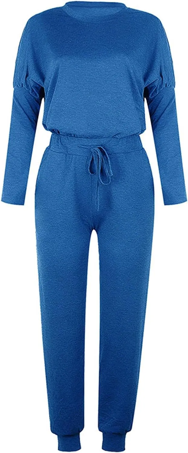 Women Casual Tracksuit Set Solid Crewneck Long Sleeve Sweatshirt High Waist Drawstring Lounge Trouser Sweatsuit Suit