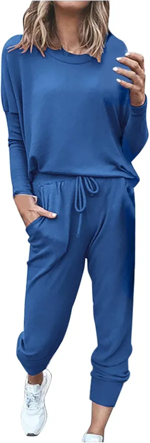 Women Casual Tracksuit Set Solid Crewneck Long Sleeve Sweatshirt High Waist Drawstring Lounge Trouser Sweatsuit Suit