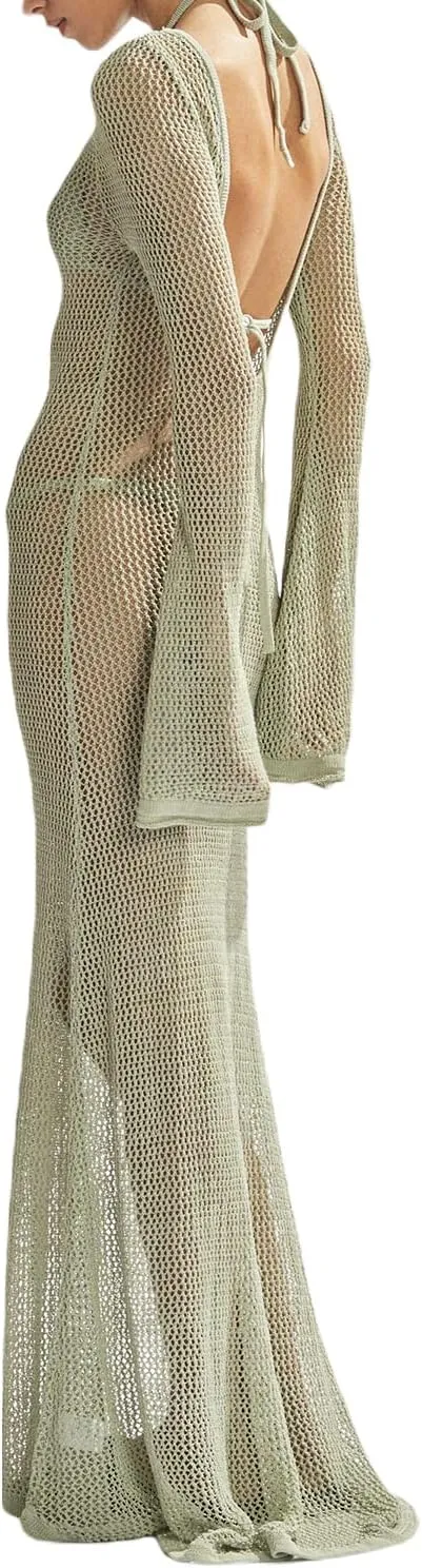 Women Crochet Lace Floral Maxi Dresses Y2k Summer Long Sleeve Sheer Dress 2023 Sexy Mesh Slim Fit Pencil Sundress