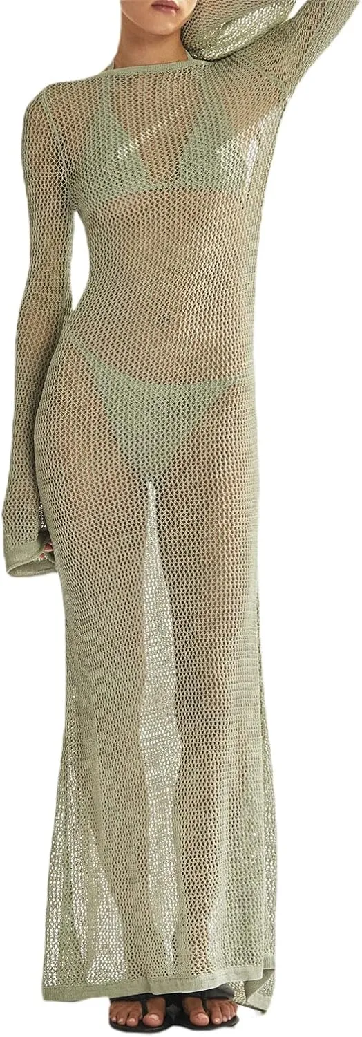 Women Crochet Lace Floral Maxi Dresses Y2k Summer Long Sleeve Sheer Dress 2023 Sexy Mesh Slim Fit Pencil Sundress