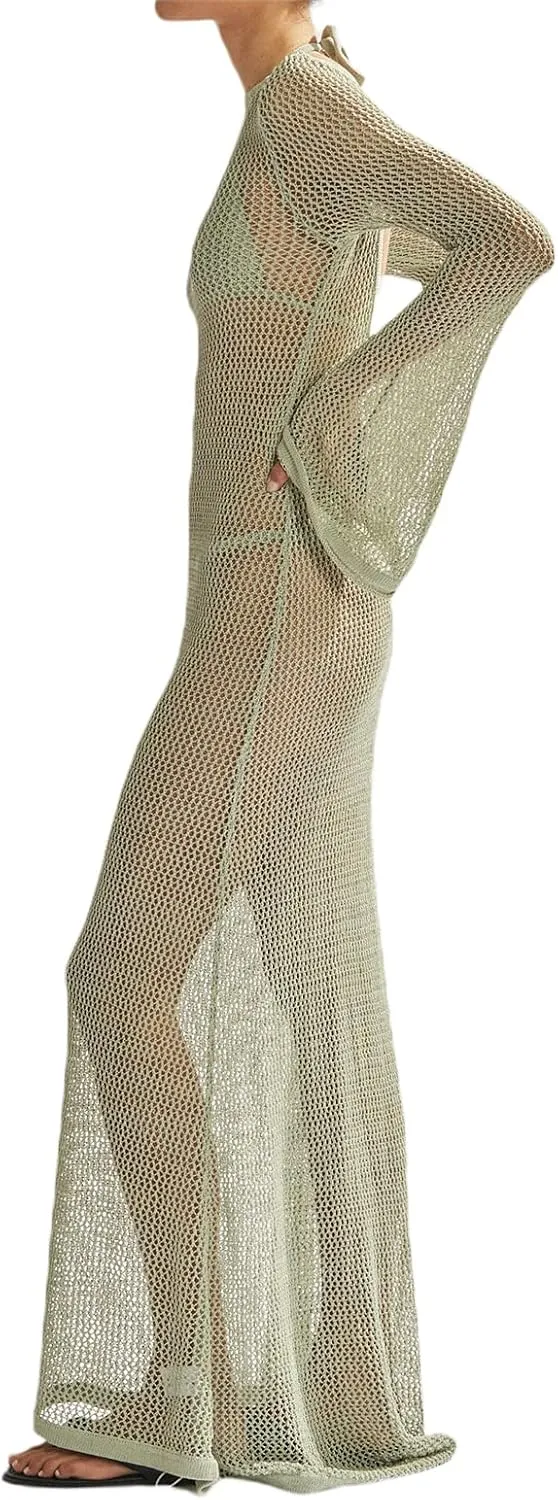 Women Crochet Lace Floral Maxi Dresses Y2k Summer Long Sleeve Sheer Dress 2023 Sexy Mesh Slim Fit Pencil Sundress