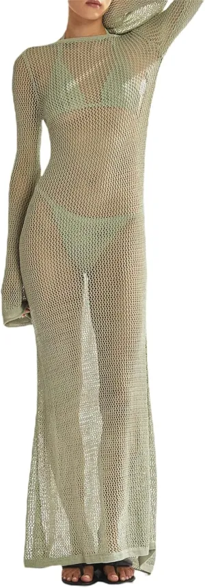 Women Crochet Lace Floral Maxi Dresses Y2k Summer Long Sleeve Sheer Dress 2023 Sexy Mesh Slim Fit Pencil Sundress