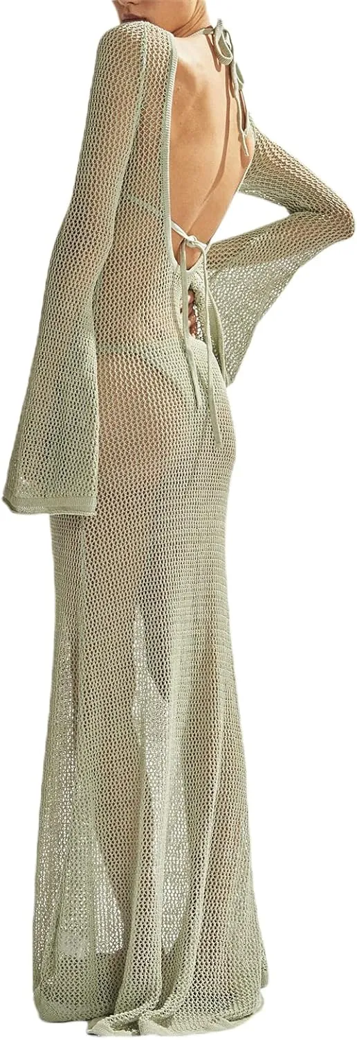 Women Crochet Lace Floral Maxi Dresses Y2k Summer Long Sleeve Sheer Dress 2023 Sexy Mesh Slim Fit Pencil Sundress