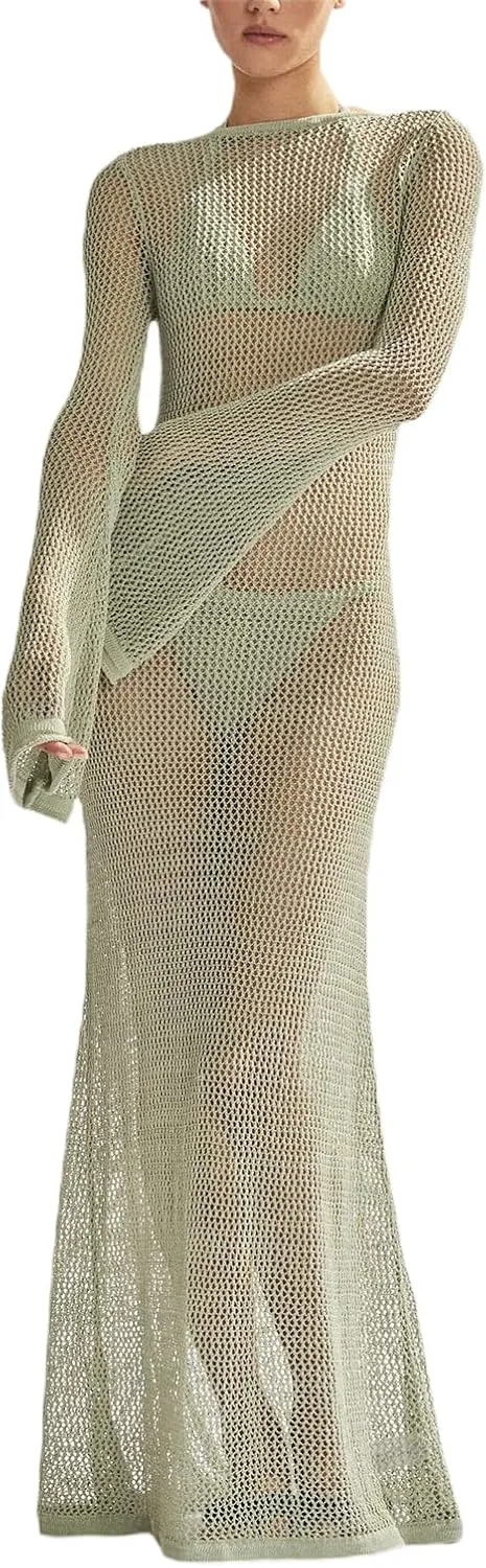 Women Crochet Lace Floral Maxi Dresses Y2k Summer Long Sleeve Sheer Dress 2023 Sexy Mesh Slim Fit Pencil Sundress