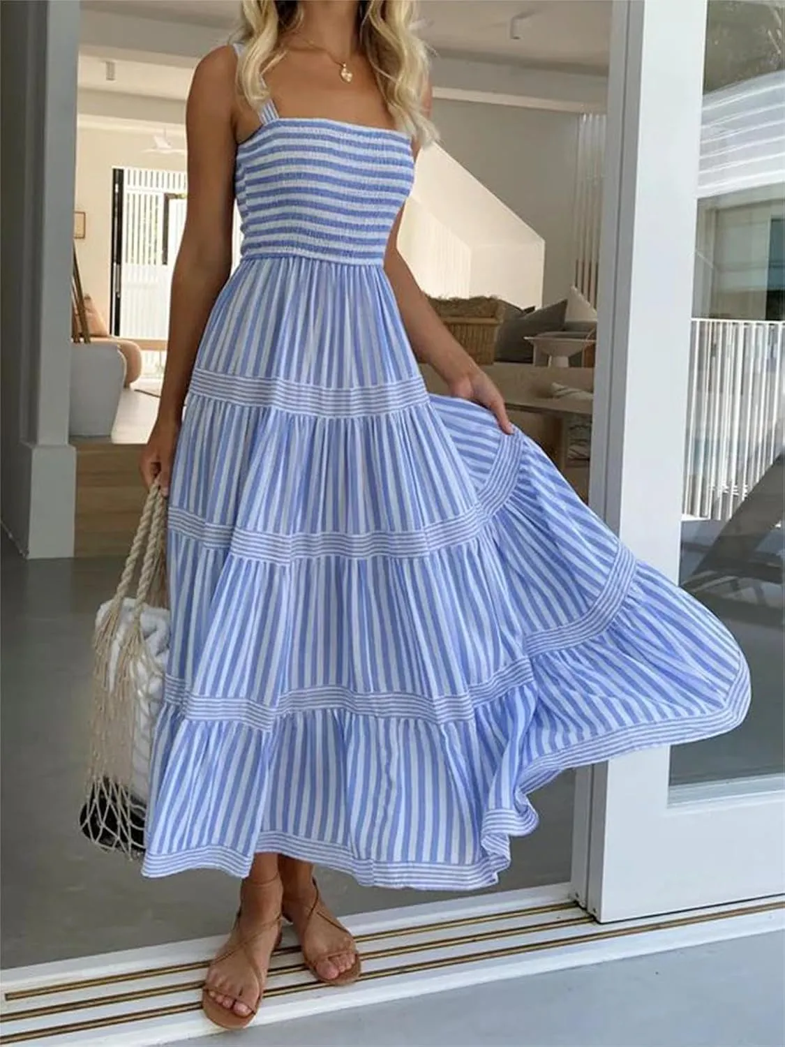Women Cute Print Maxi Cami Dress Loose Sleeveless Spaghetti Summer Holiday Beach Smocked Sundress