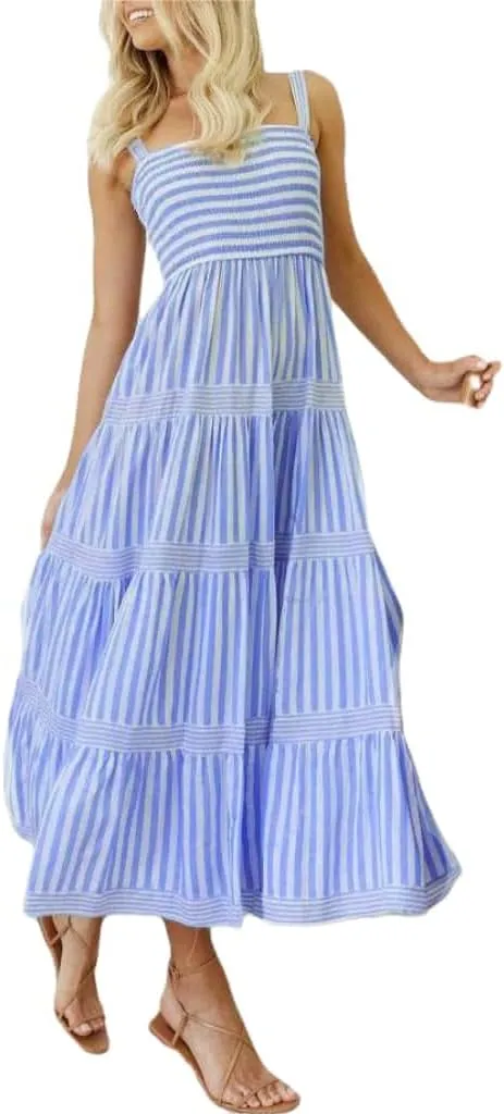 Women Cute Print Maxi Cami Dress Loose Sleeveless Spaghetti Summer Holiday Beach Smocked Sundress