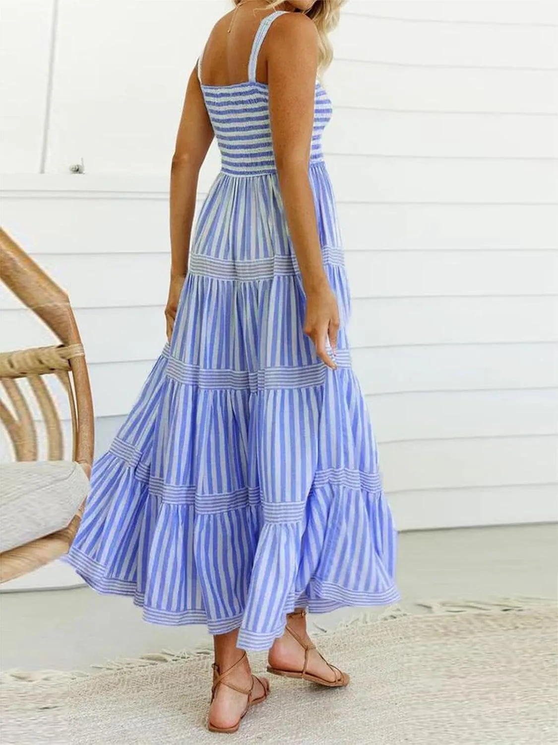 Women Cute Print Maxi Cami Dress Loose Sleeveless Spaghetti Summer Holiday Beach Smocked Sundress