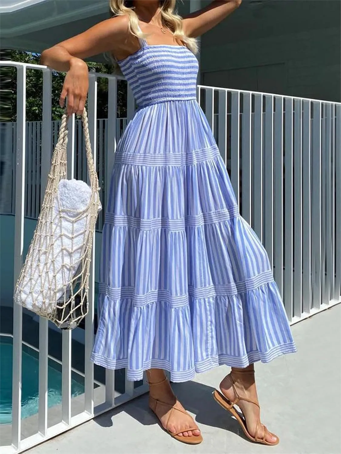 Women Cute Print Maxi Cami Dress Loose Sleeveless Spaghetti Summer Holiday Beach Smocked Sundress
