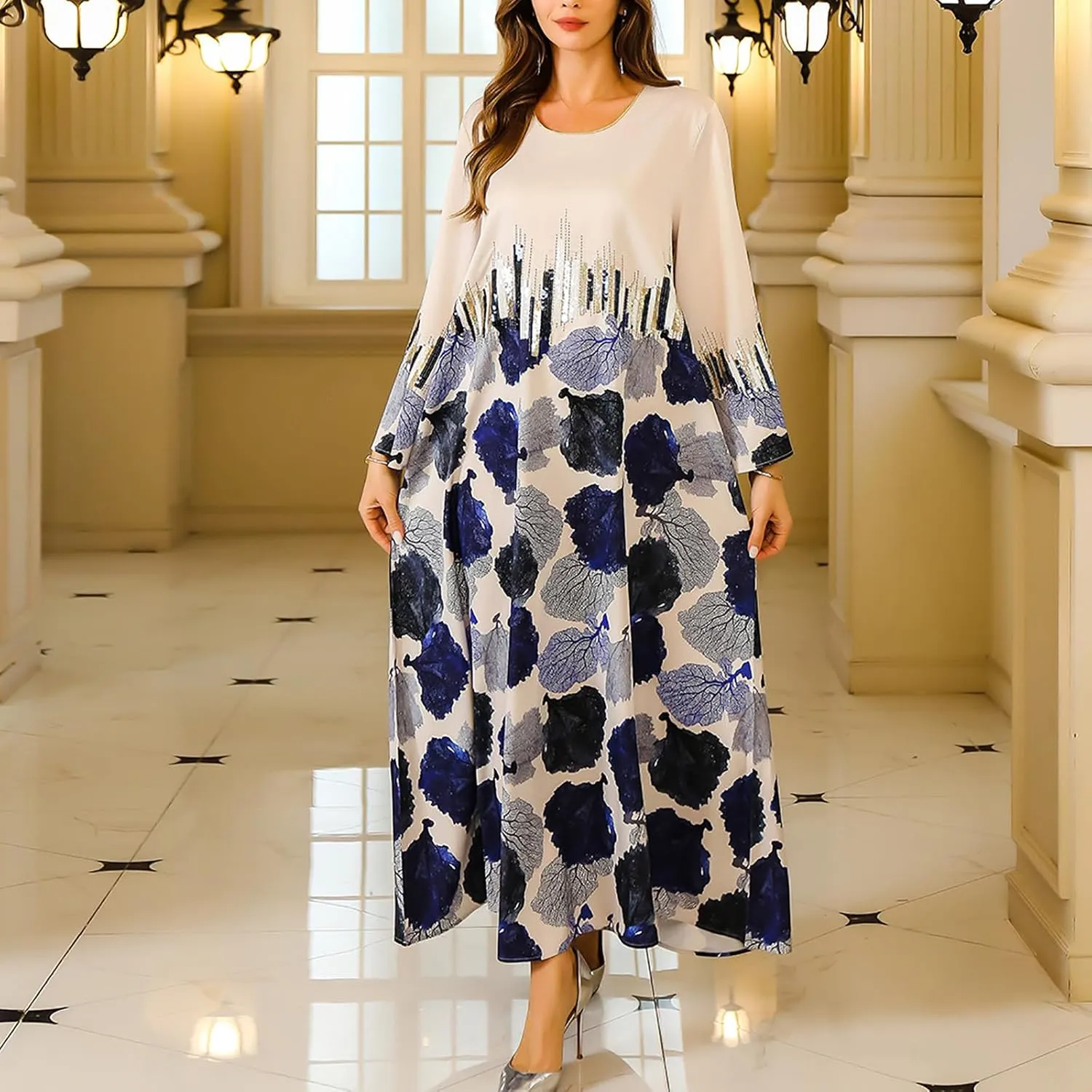 Women Dresses Casual Fall Fahion Long Sleeve Bohemian Floral Maxi Dress Flowy Swing Tiered Beach Vacation Long Dress