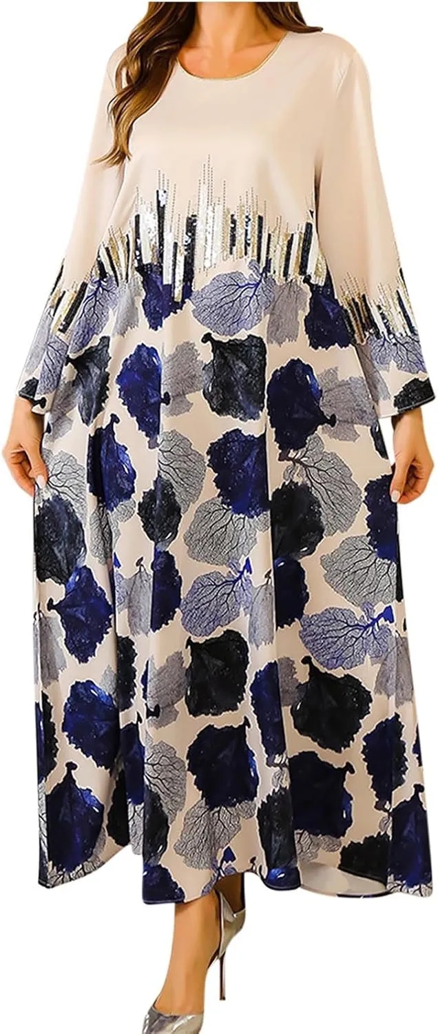 Women Dresses Casual Fall Fahion Long Sleeve Bohemian Floral Maxi Dress Flowy Swing Tiered Beach Vacation Long Dress