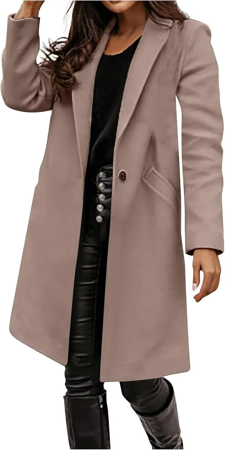 Women Elegant Wool Blend Pea Coat Trench Notch Lapel Winter Warm Long Sleeve Midi Jacket Cardigans Overcoat With Belt