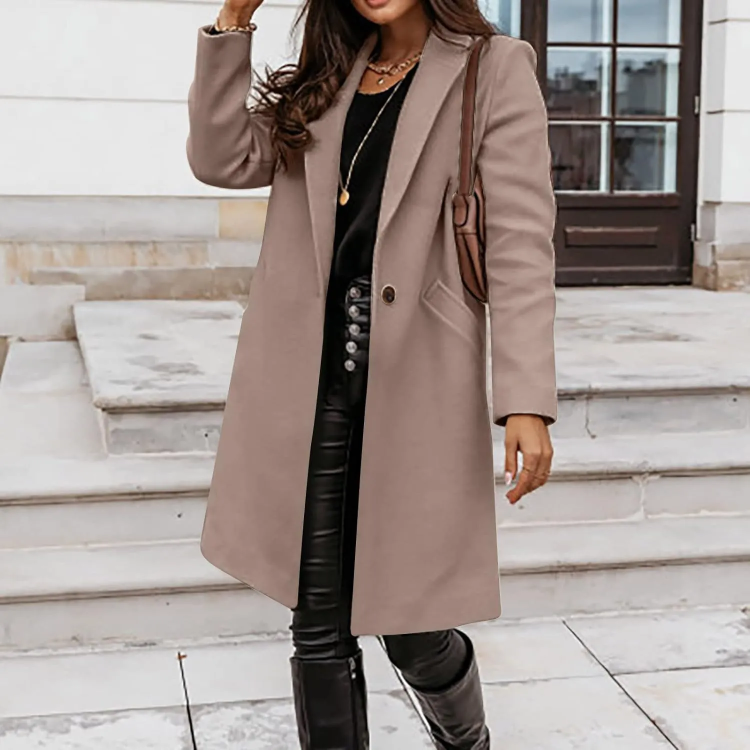 Women Elegant Wool Blend Pea Coat Trench Notch Lapel Winter Warm Long Sleeve Midi Jacket Cardigans Overcoat With Belt