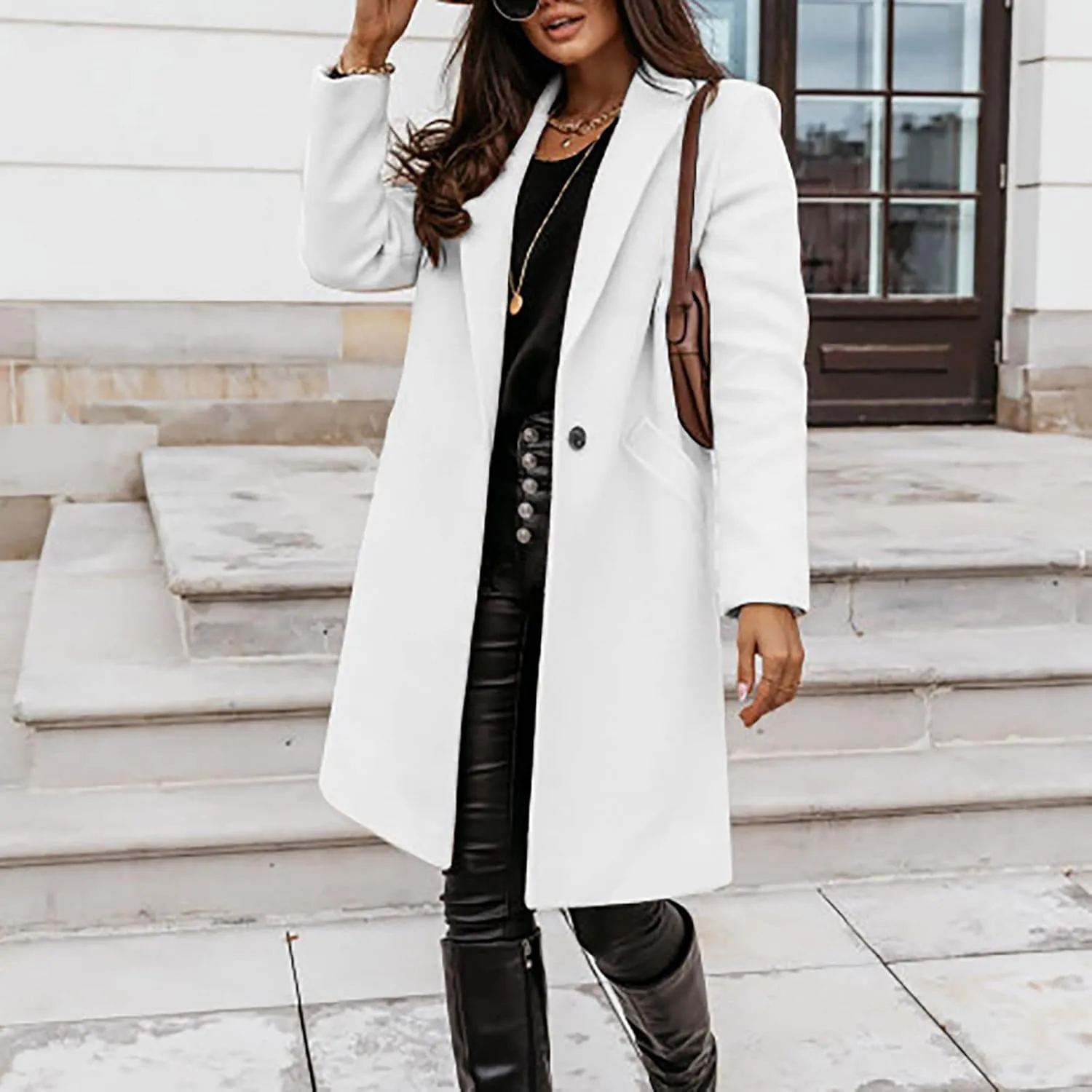 Women Elegant Wool Blend Pea Coat Trench Notch Lapel Winter Warm Long Sleeve Midi Jacket Cardigans Overcoat With Belt