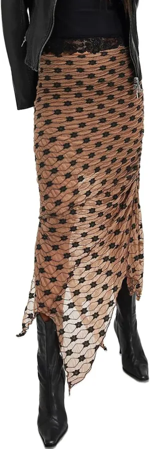 Women Fairy Floral Mesh Maxi Skirt Elastic Mid Waist Asymmetrical Ruffle Hem Long Skirt Bodycon Ruched Boho Skirts