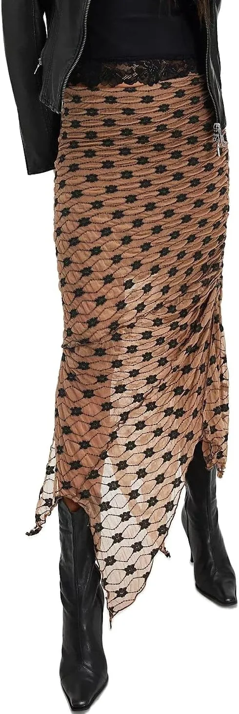 Women Fairy Floral Mesh Maxi Skirt Elastic Mid Waist Asymmetrical Ruffle Hem Long Skirt Bodycon Ruched Boho Skirts