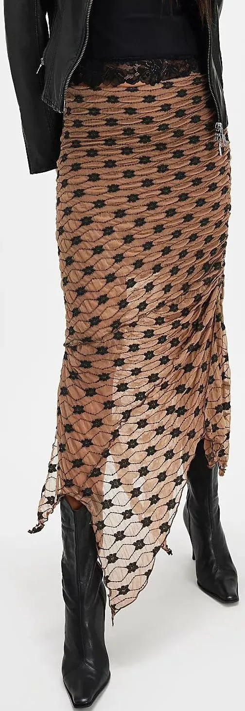 Women Fairy Floral Mesh Maxi Skirt Elastic Mid Waist Asymmetrical Ruffle Hem Long Skirt Bodycon Ruched Boho Skirts