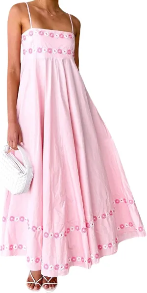 Women Floral Graphic Maxi Dress Square Neck Spaghetti Strap A-line Flowy Sundress Casual Long Beach Dress