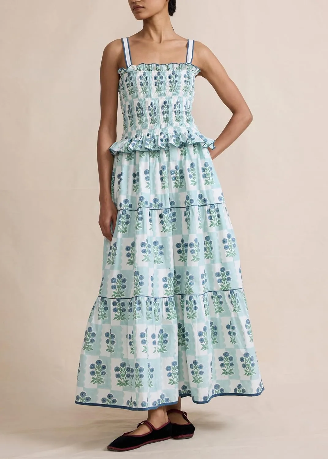 Women Floral Graphic Maxi Dress Square Neck Spaghetti Strap A-line Flowy Sundress Casual Long Beach Dress