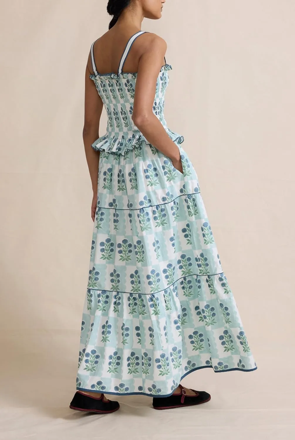 Women Floral Graphic Maxi Dress Square Neck Spaghetti Strap A-line Flowy Sundress Casual Long Beach Dress