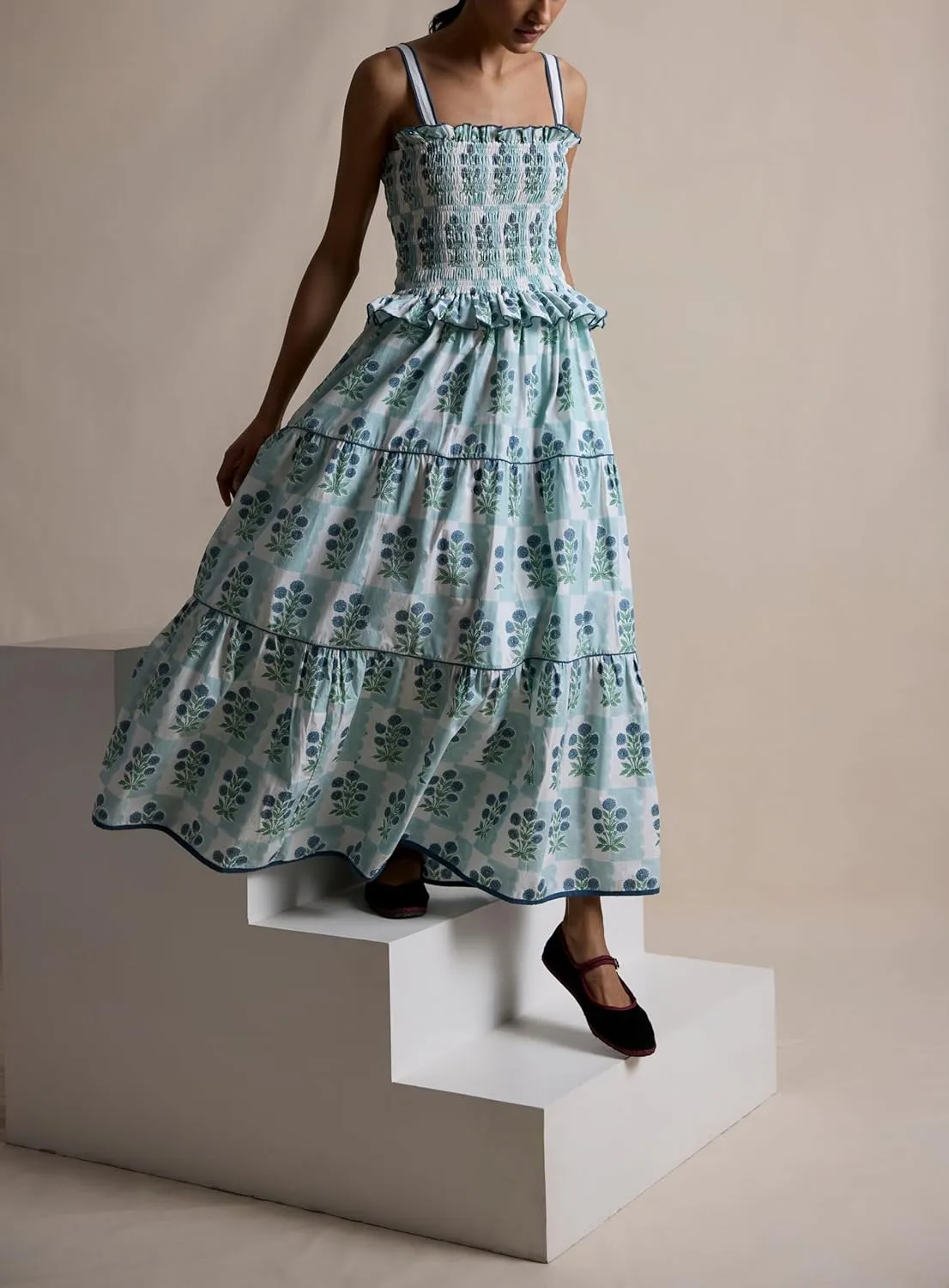 Women Floral Graphic Maxi Dress Square Neck Spaghetti Strap A-line Flowy Sundress Casual Long Beach Dress