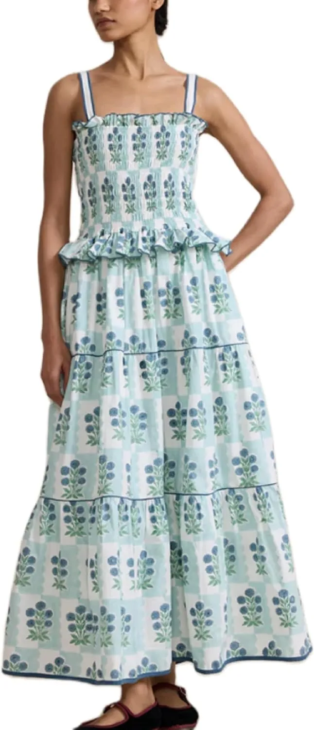 Women Floral Graphic Maxi Dress Square Neck Spaghetti Strap A-line Flowy Sundress Casual Long Beach Dress