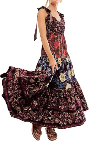 Women Floral Maxi Dress Summer Flowy Sleeveless Tie Shoulder Bohemian Smocked Dresses Casual Sundress with Pockets
