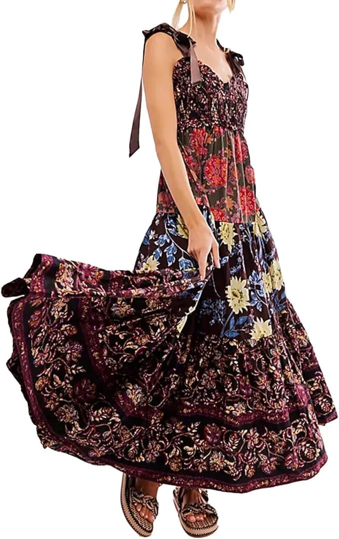 Women Floral Maxi Dress Summer Flowy Sleeveless Tie Shoulder Bohemian Smocked Dresses Casual Sundress with Pockets