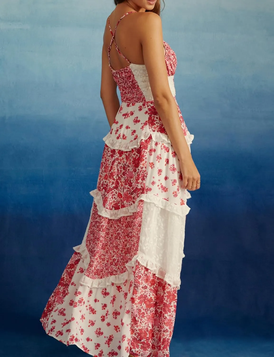 Women Floral Spaghetti Strap Maxi Dress Sleeveless Tiered Ruffle Long Flowy Dresses Backless Holiday Beach Sundress