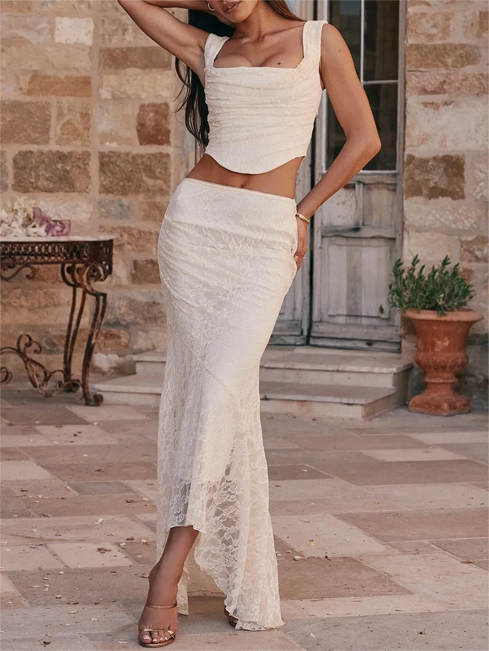 Women Lace 2 Piece Skirt Sets Y2k See Through Mesh Crop Top Bodycon Maxi Skirt Going Out Outfit Matching Set