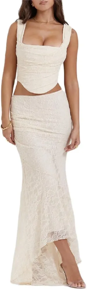 Women Lace 2 Piece Skirt Sets Y2k See Through Mesh Crop Top Bodycon Maxi Skirt Going Out Outfit Matching Set
