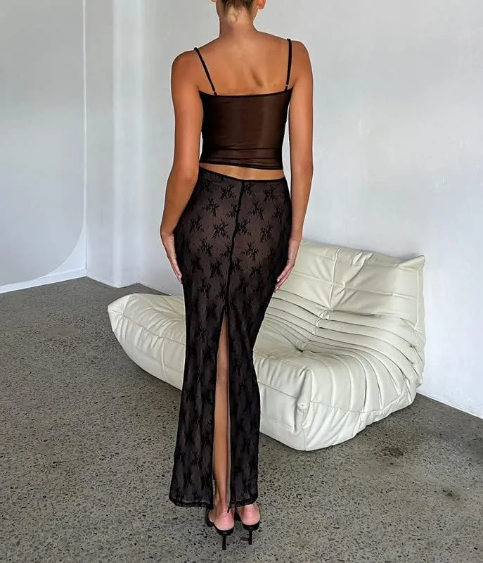 Women Lace Maxi Skirt Set Y2K See Through Mesh Tube Top Bodycon Maxi Skirt Outfits Summer Going Out Streetwear