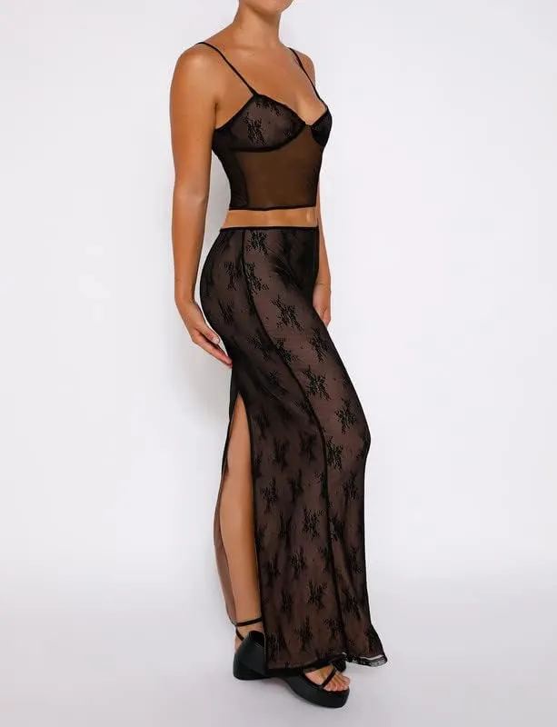 Women Lace Maxi Skirt Set Y2K See Through Mesh Tube Top Bodycon Maxi Skirt Outfits Summer Going Out Streetwear