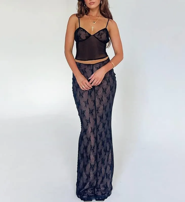 Women Lace Maxi Skirt Set Y2K See Through Mesh Tube Top Bodycon Maxi Skirt Outfits Summer Going Out Streetwear