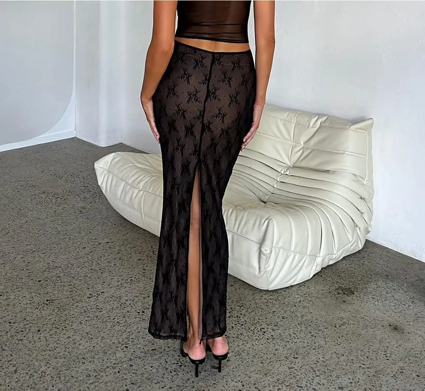 Women Lace Maxi Skirt Set Y2K See Through Mesh Tube Top Bodycon Maxi Skirt Outfits Summer Going Out Streetwear