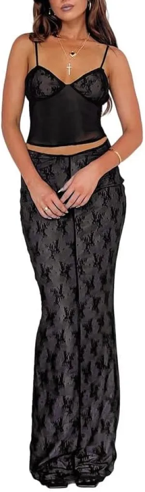 Women Lace Maxi Skirt Set Y2K See Through Mesh Tube Top Bodycon Maxi Skirt Outfits Summer Going Out Streetwear
