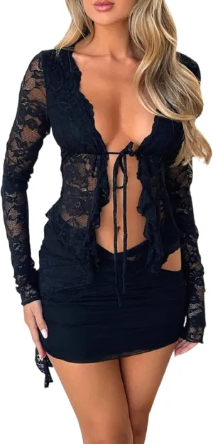 Women Lace Trim 2 Piece Outfits Sexy Floral Lace Bodycon Mini Dress Short Skirt Set Y2k Ruffle Two Piece Skirts Sets